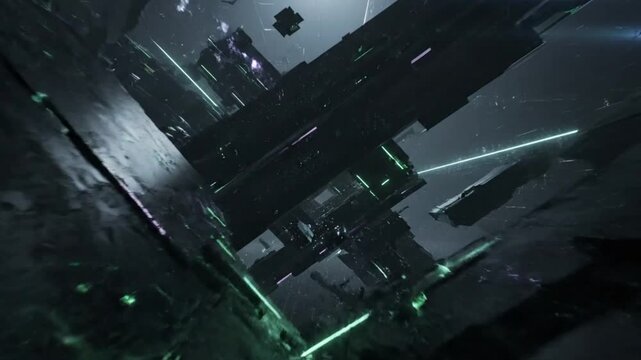 Futuristic abstract digital world with glitching geometric structures and neon light elements creating a futuristic environment