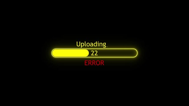 Uploading bar error concept on black background. 0-100 percentage progress yellow color loading bar animation concept. 4k video 