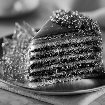 Slice of traditional layered Dobos torte cake with caramel topping