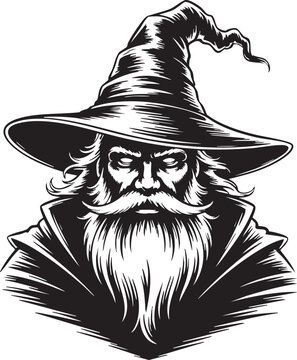 Detailed monochrome illustration of a wise wizard or sorcerer with a long beard, perfect for fantasy-themed projects, Halloween designs, and mystical branding.