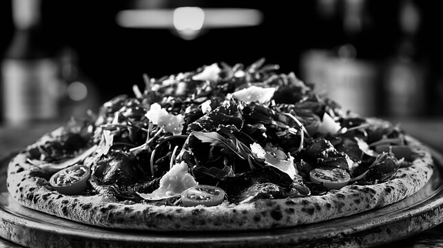 Gourmet bresaola rucola pizza with cherry tomatoes and parmesan