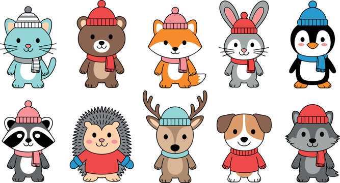 Adorable collection of cute winter forest animals wearing cozy hats and scarves featuring a cat bear fox rabbit penguin raccoon hedgehog deer dog and wolf.Adorable collection of cute winter forest ani