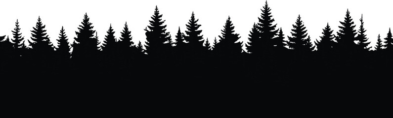 Fototapeta premium Forest silhouette with dense pine trees horizon, evergreen woodland landscape isolated on white background for nature and outdoor design
