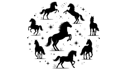 Fototapeta premium Horses black silhouette set with stars and sparkles around them featuring horse silhouettes, horse collection, equine with equine art and horse
