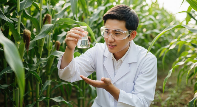 Agricultural scientist inspecting a flask in a corn field isolated on transparent background
