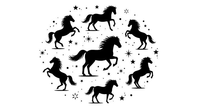 Horse icons constellation pattern with stars and sparkles in vintage engraving style for western design and posters