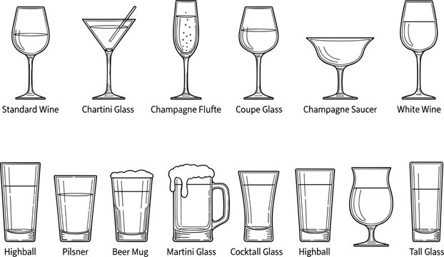 Glassware collection illustration with wine cocktail and beer glasses types labeled isolated on white background for bar menu design use