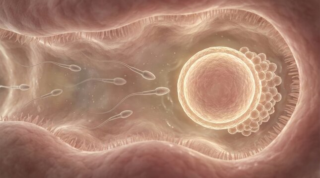 Biological genesis process: sperm navigation, ovum fertilization, internal female, embryo development, cellular division, uterine journey, human reproduction begin.