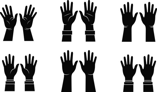 Raised hands silhouette collection showing open palms gestures isolated on white background for communication voting support and human interaction design use