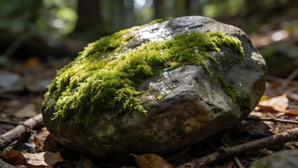 Obraz premium Close-up of a green mossy rock with fresh water droplets on a sunny forest floor.