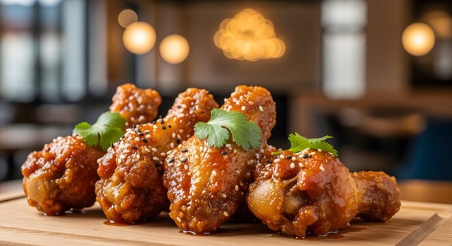 grilled chicken skewers with herbs on wooden board in cozy restaurant