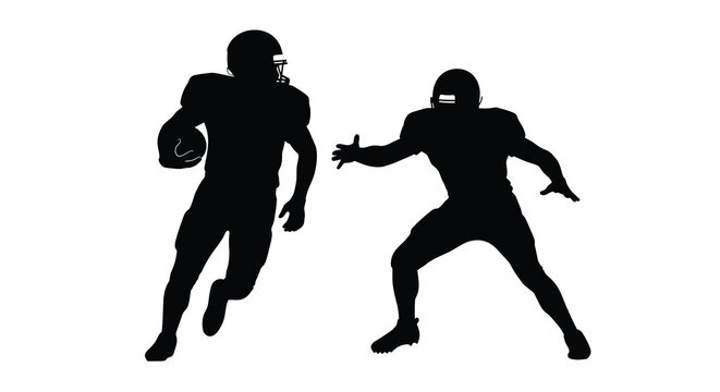 American football players in action running with ball and defensive pose black silhouette high quality professional detailed modern elegant stylish clean crisp vibrant