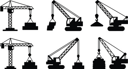 Six flat black crane hook lift load icon art set © Naimur creativehouse
