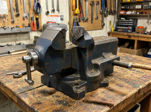 A metal vice sitting on a workbench surface, ideal for crafting and DIY projects