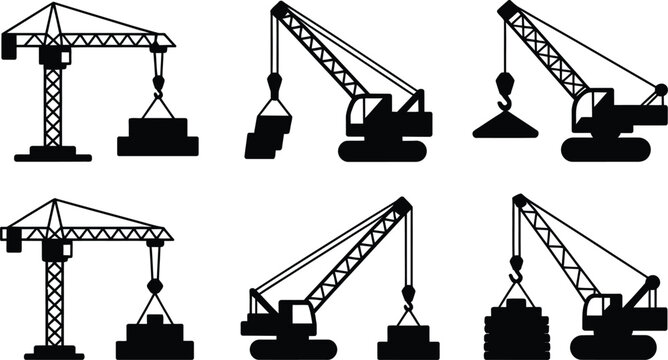 Six flat black crane hook lift load icon art set