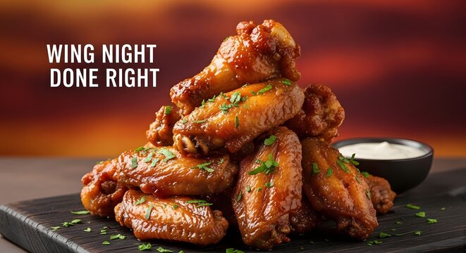 crispy fried chicken wings with sauce on dark slate board closeup