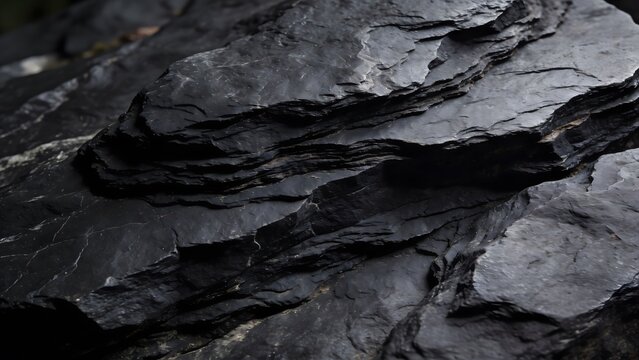 Close-up abstract texture of layered black slate rock with natural patterns.