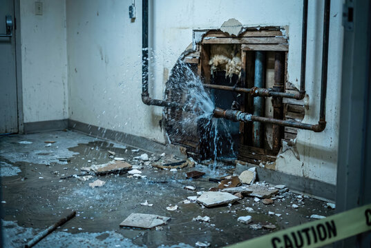 Burst pipe in wall spraying water, plaster collapsed around pipe, emergency plumbing failure, structural damage