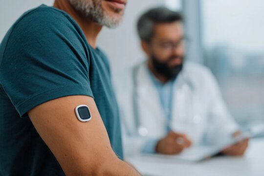 Adult man wearing sensor patch on arm during medical consult