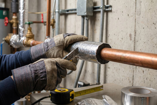 Worker insulating pipe with foil-faced insulation material, pipe lagging installation, energy saving work