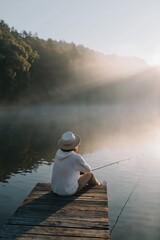 Fototapeta premium Person fishing while sitting on wooden dock at misty lake