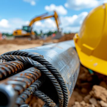 Chantier de construction avec tuyau de canalisation et casque de s&eacute;curit&eacute;