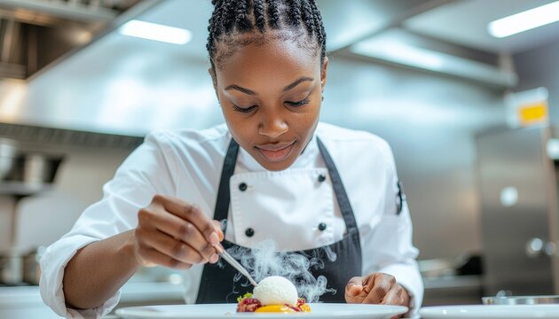 Femme chef cuisini&egrave;re professionnelle dressant un dessert gastronomique avec azote