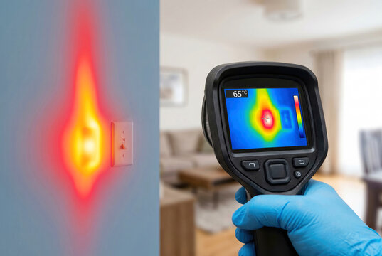 Thermal imaging scan of wall showing hot spot, hidden electrical problem detected, thermography inspection concept