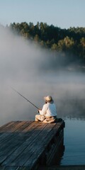 Fototapeta premium Person fishing seated on wooden dock at misty lake morning