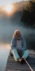 Fototapeta premium Elderly man sitting on dock with fishing rod at misty lake sunrise