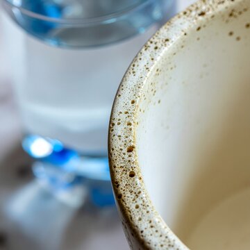 Gros plan macro sur le rebord d'une tasse en c&eacute;ramique artisanale