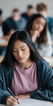 Female student writing exam in classroom with seated peers