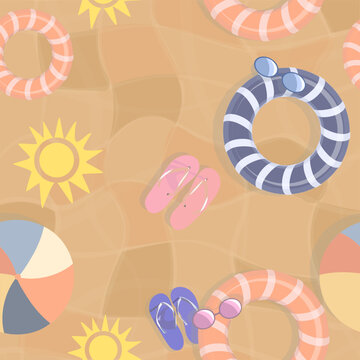 Retro Summer Pattern with Swimsuit and Float Ring, Hand Drawn
Seamless hand drawn summer pattern with swimsuit and beach elements.