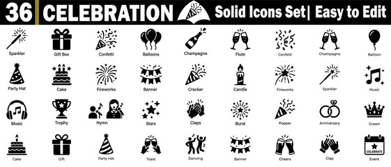 Celebration solid icon set. Collection of black party symbols, including confetti balloons, champagne cake, fireworks gifts, and holiday cheers. © Logo Solution