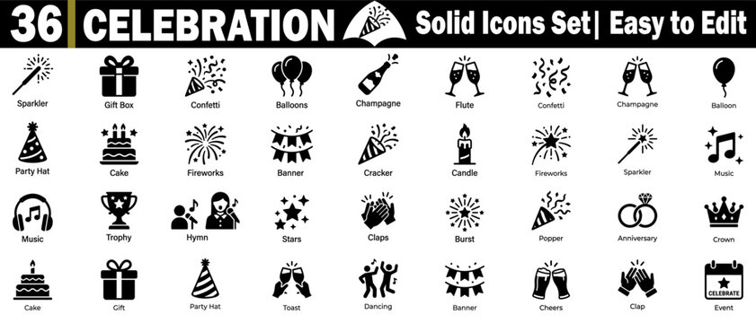 Celebration solid icon set. Collection of black party symbols, including confetti balloons, champagne cake, fireworks gifts, and holiday cheers.
