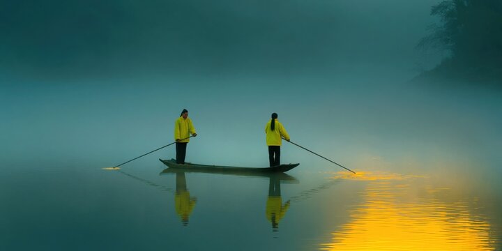 Two people standing and poling boat in foggy water at dawn