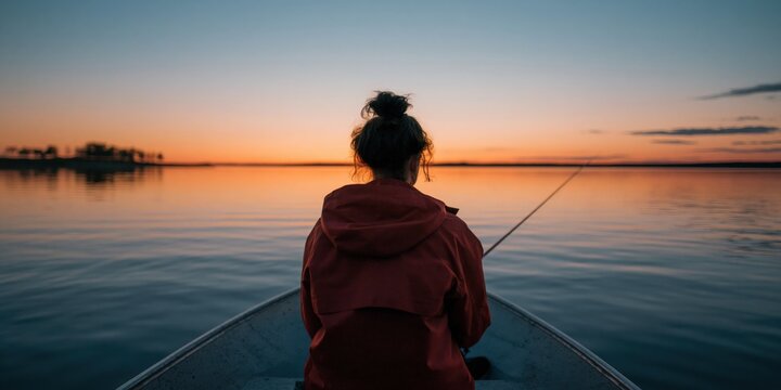 Young woman fishing from bow of small boat at sunset lake