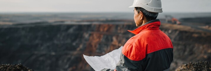 Engineer inspecting plans overlooking open pit mine site