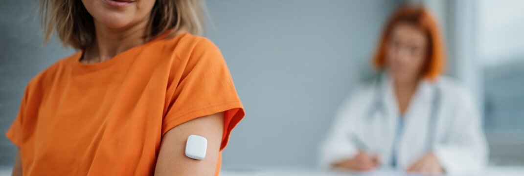 Adult woman wearing medical patch during clinic consultation