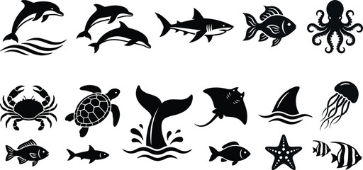 Collection of black sea animal silhouette icons including dolphin shark whale turtle and octopus isolated on white background for marine design © Arifa