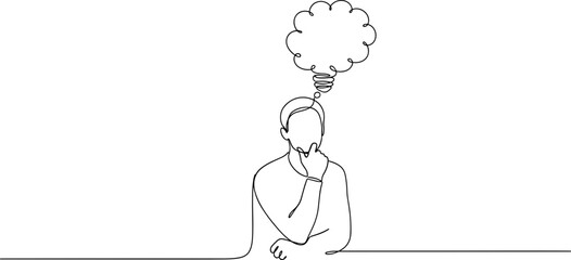 Man in contemplation, thinking with a lightbulb idea and empty thought bubble, minimalist line art © Mas100aja
