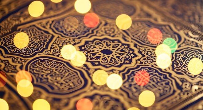 Close-up of ornate islamic geometric pattern with bokeh lights, middle eastern