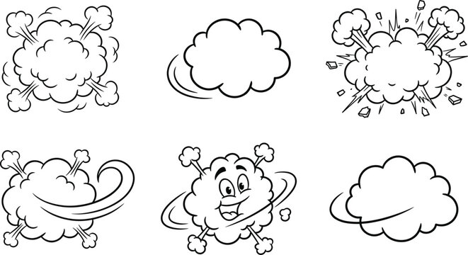 Cartoon explosion smoke cloud set with comic blast effects swirling motion and dynamic puff elements
