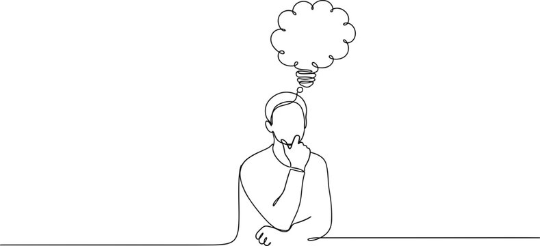 Man in contemplation, thinking with a lightbulb idea and empty thought bubble, minimalist line art
