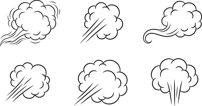 Cartoon smoke cloud and wind motion effect set with comic style puff and speed lines