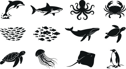 Marine animal silhouettes collection featuring dolphin shark octopus crab fish school whale sea turtle jellyfish stingray penguin isolated on white background © Arifa