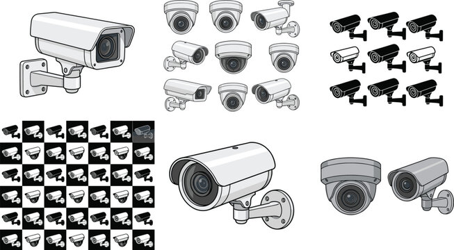 CCTV security camera set with bullet and dome surveillance icons for monitoring and protection systems
