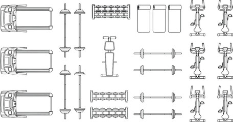 Top view gym equipment CAD vector set, fitness floor plan symbols with treadmills, dumbbells, benches and machines for architectural blueprint, interior design and space planning © PrimePixel Co