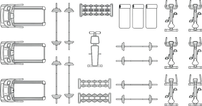 Top view gym equipment CAD vector set, fitness floor plan symbols with treadmills, dumbbells, benches and machines for architectural blueprint, interior design and space planning