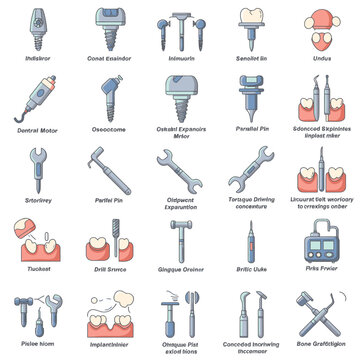 Dental medical tools and equipment icons set